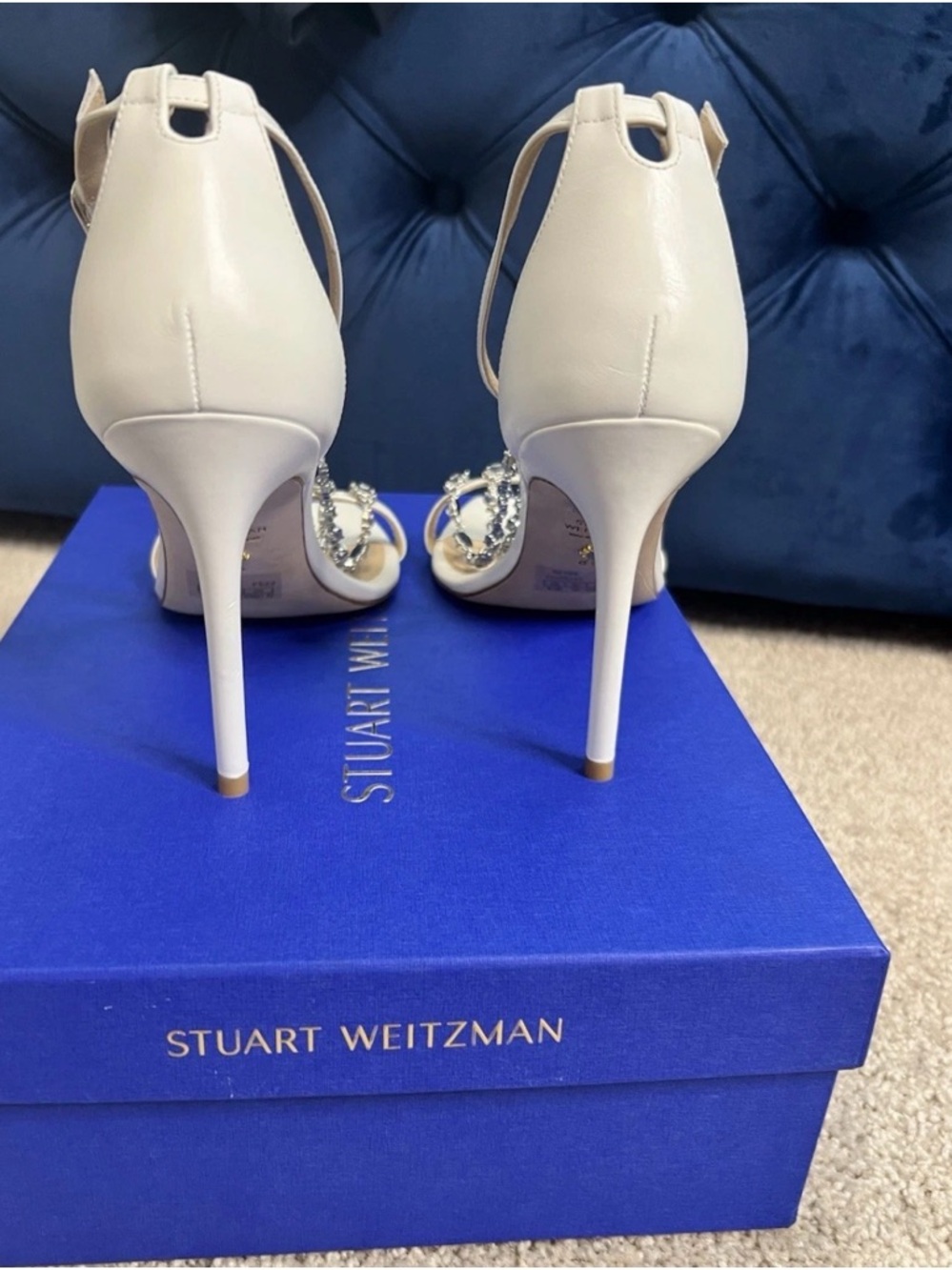 Stuart Weitzman Ivory Crystal T-Strap High Heel Sandals - Picture 3 of 10